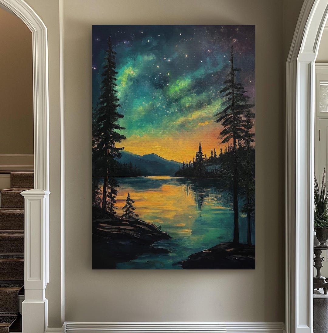 Sunrise at the Lake Vertical Wall Art Northern Lights, Decor