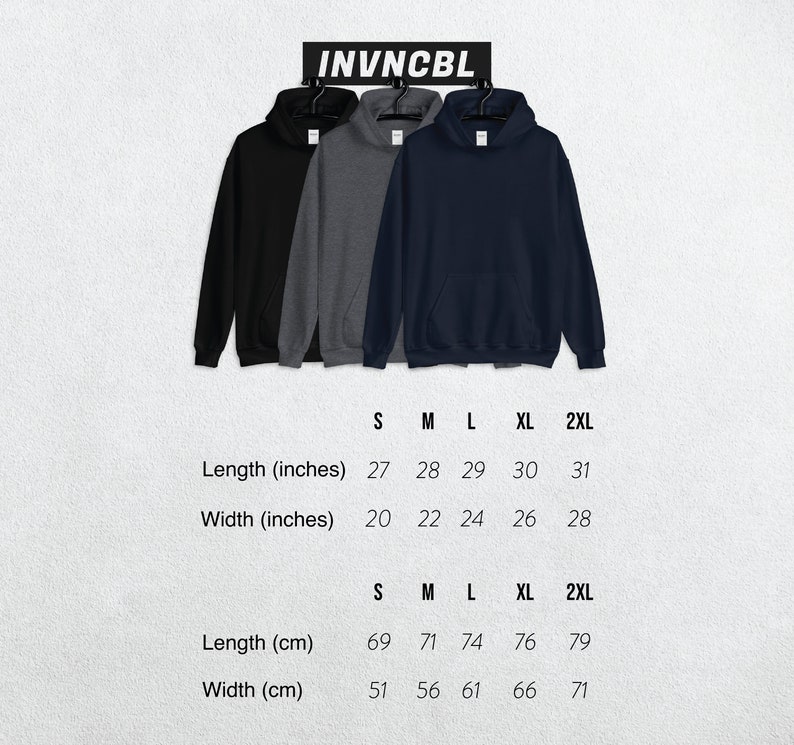 May include: Size chart for a hoodie in black, gray, and navy blue. The chart shows measurements in inches and centimeters for sizes S, M, L, XL, and 2XL.