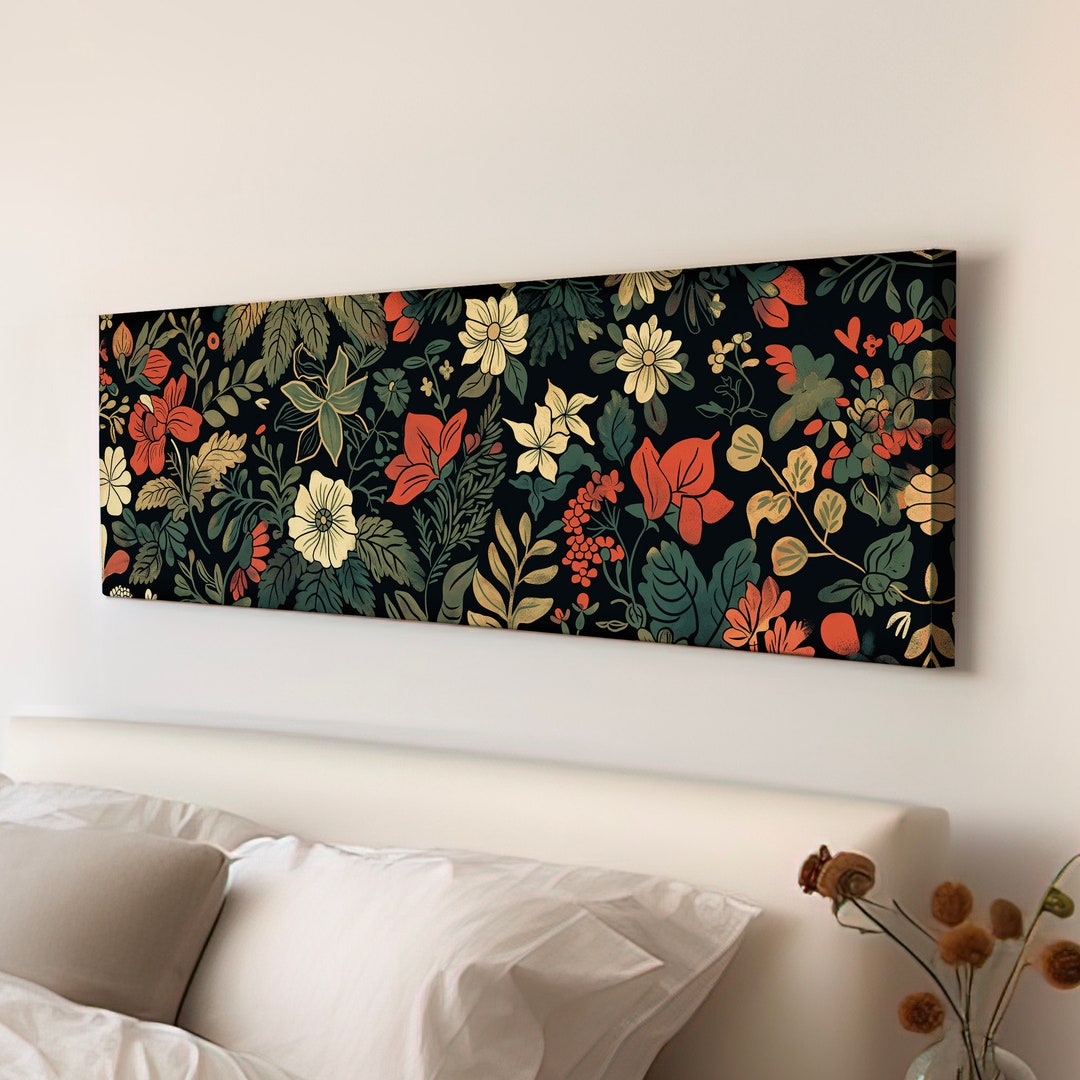 Retro Botanical Floral Above Bed Wall Art Farmhouse, Panoramic Tapestry ...