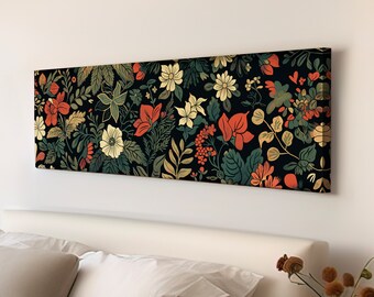 Retro Botanical Floral Above Bed Wall Art Farmhouse, Panoramic Tapestry Canvas Print, Vintage Long Horizontal Canvas Art