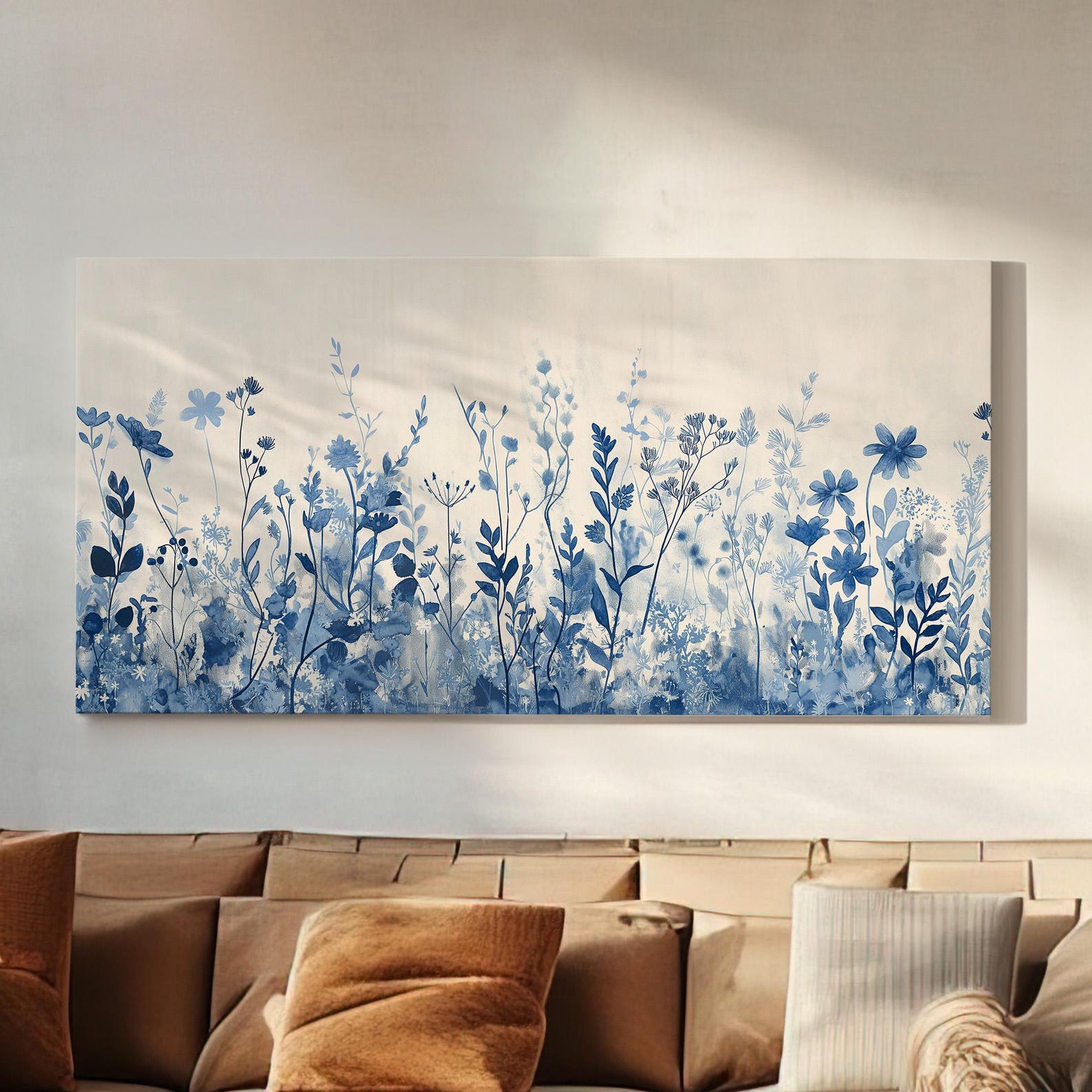 Blue Wildflowers Canvas Wall Art for Living Room, Landscape Neutral ...