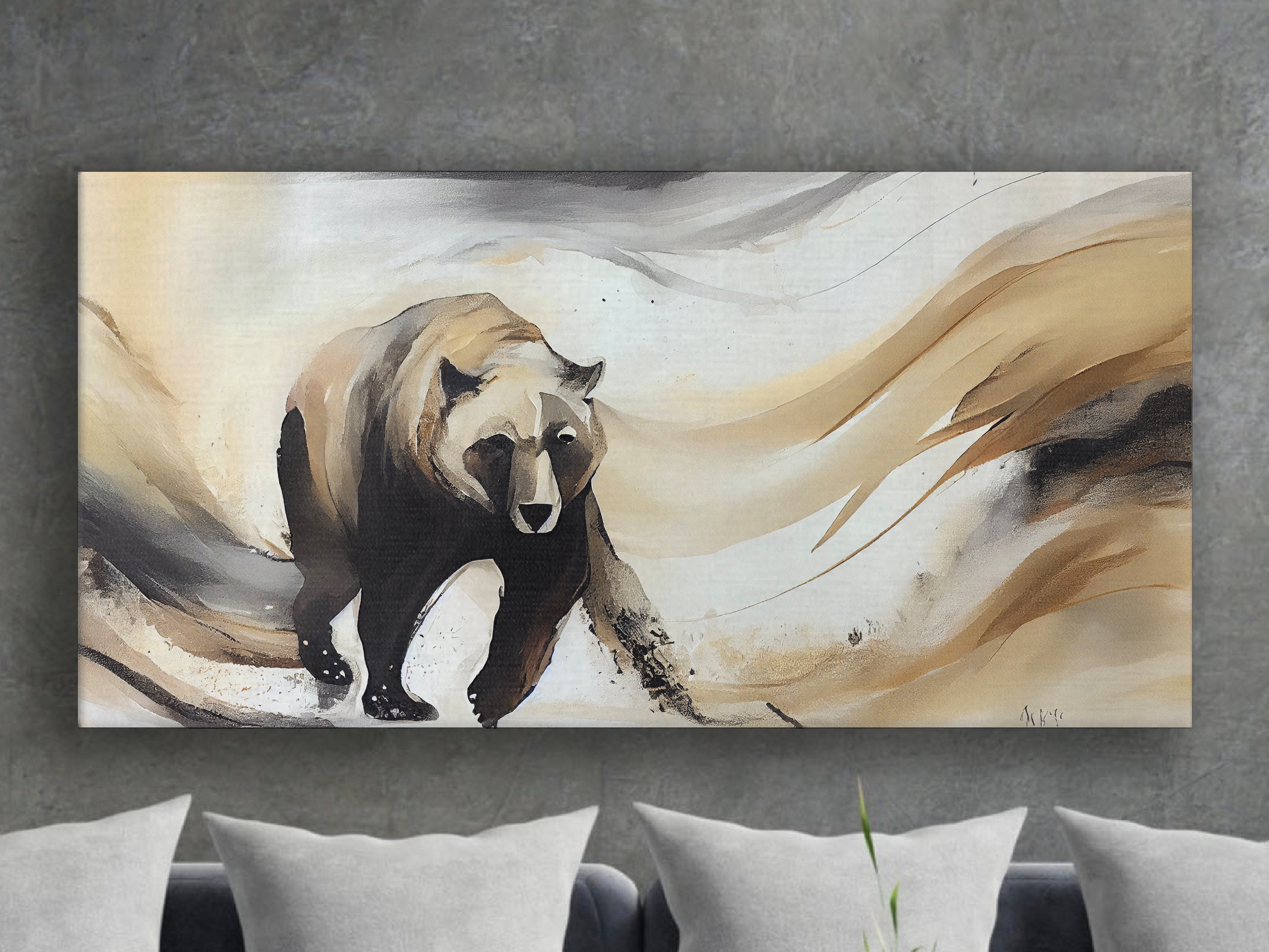 Wild Animal Landscape Canvas Print, Running Bear Framed Wall Art, Bear Wrapped Canvas Wall Art