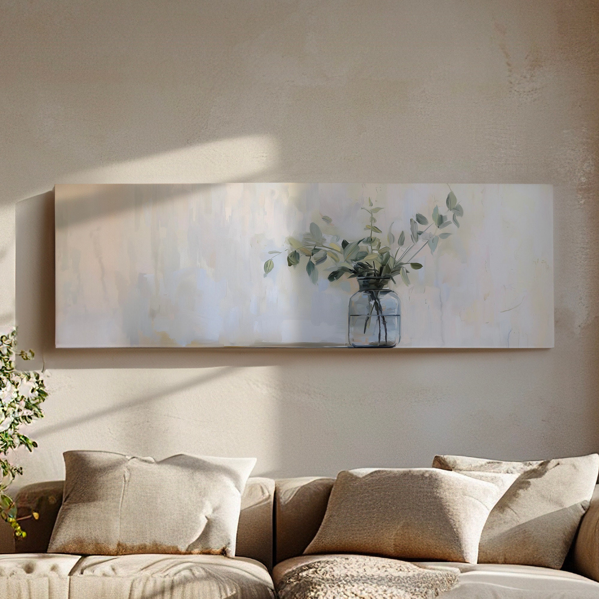 Eucalyptus Branch Above Bed Wall Art Still Life, Panoramic Botanical ...