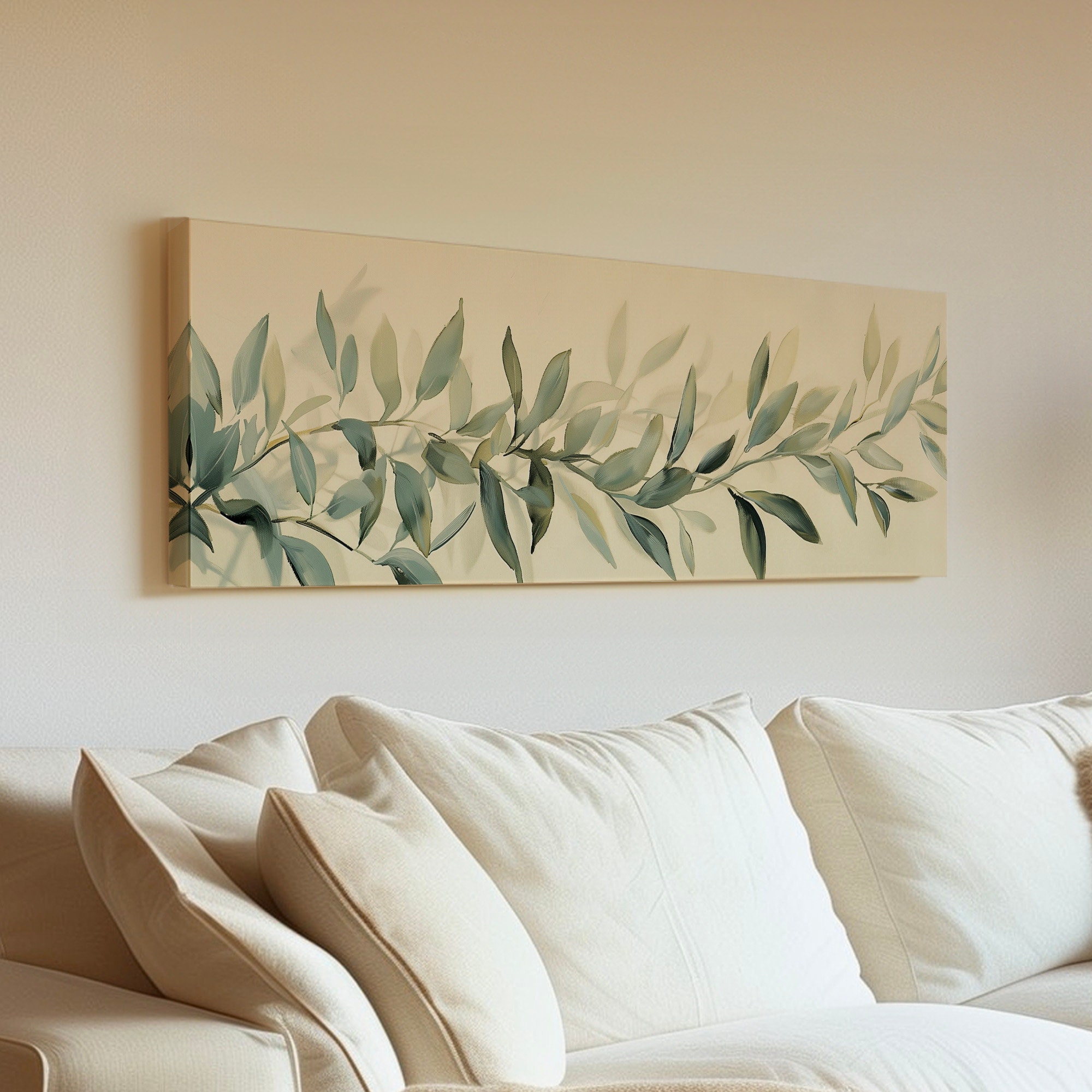 Eucalyptus Branch Above Bed Wall Art Still Life, Panoramic Botanical ...