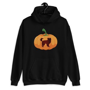 Peut inclure: Sweat-shirt à capuche noir avec un motif de citrouille. La citrouille est orange et a une silhouette de chien à l'intérieur.