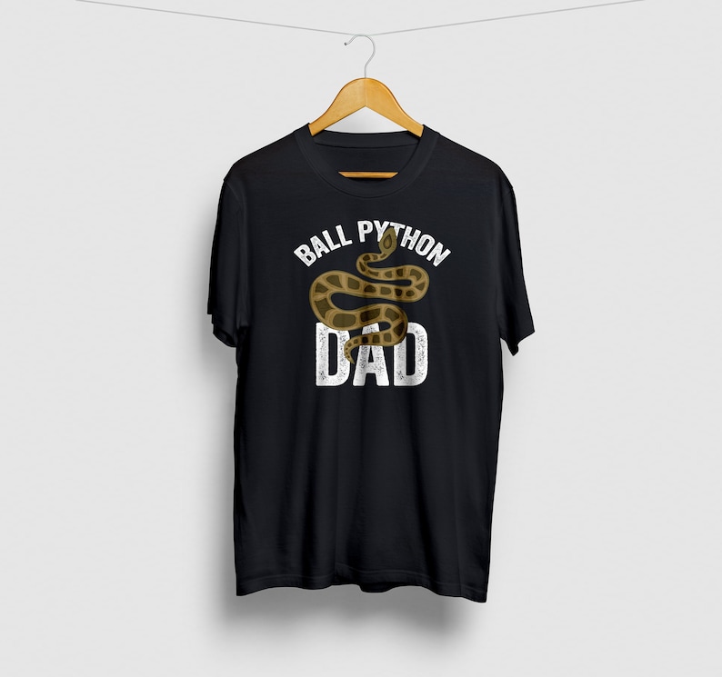 May include: Black t-shirt with a white graphic of a ball python snake and the text "Ball Python Dad".