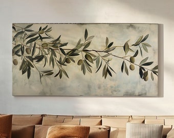 Olive Tree Branch Long Horizontal Wall Art For Kitchen, Panoramic Botanical Canvas Print, Farmhouse Decor Canvas Art