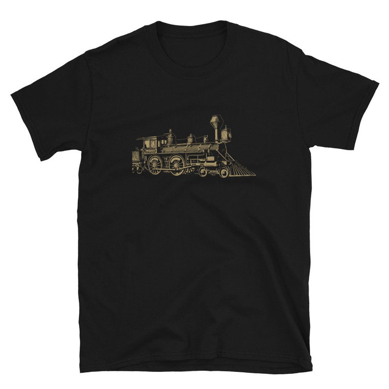 May include: Black t-shirt with a vintage illustration of a steam locomotive train.