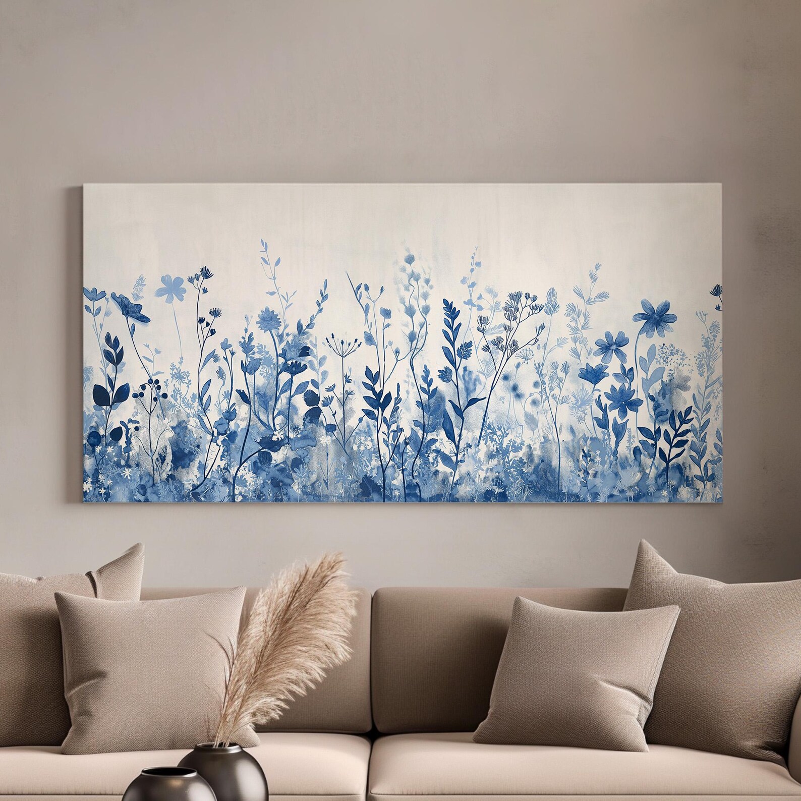 Blue Wildflowers Canvas Wall Art for Living Room, Landscape Neutral ...