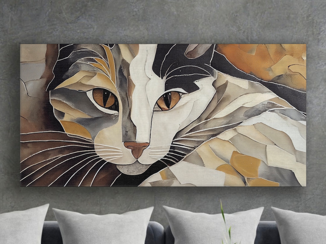 Pet Animal Landscape Canvas Print, Abstract Mosaic Cat Framed Wall Art, Cat Wrapped Canvas Wall