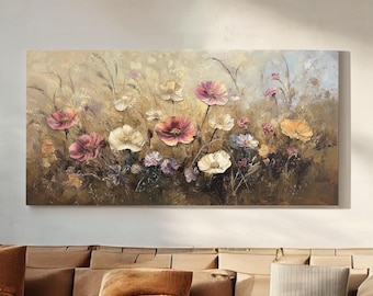 Rustic Wildflowers Canvas Wall Art For Living Room, Landscape Wildflower Meadow Canvas Print, Vintage Large Canvas Art