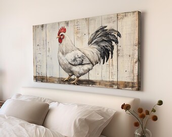 May include: A white rooster with a red comb stands on a weathered wood background. The rooster's tail feathers are black and white. The background is painted to look like a rustic wooden fence.