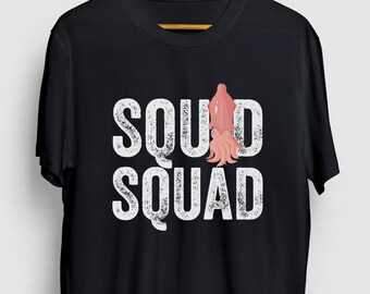 May include: Black t-shirt with a white graphic of a squid and the text "Squid Squad" in a distressed font.