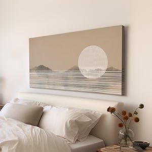 Neutral Abstract Sunset Wall Art Above Couch, Horizontal Minimalist Mountain Canvas Print, Boho Desert Decor Canvas Art