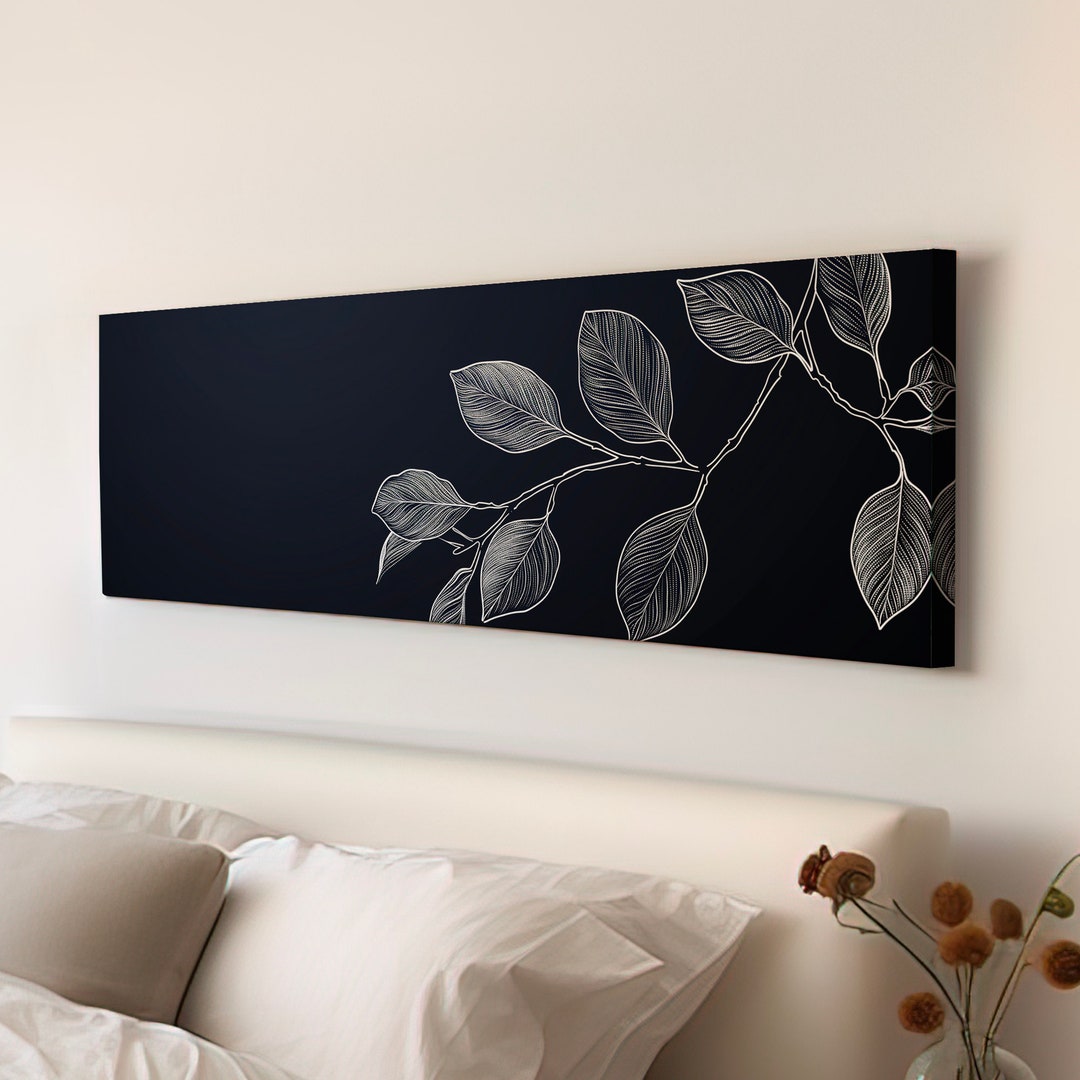 Eucalyptus Branch Above Bed Wall Art Stencil Linocut, Panoramic ...