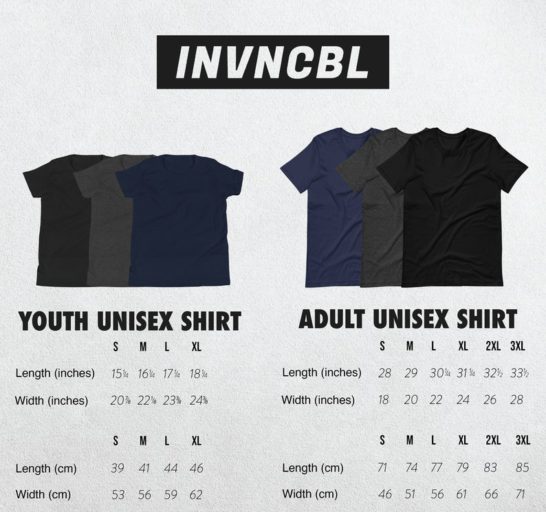 May include: Size chart for youth and adult unisex shirts. The chart shows measurements in inches and centimeters for different sizes, including small, medium, large, extra large, 2XL, and 3XL. The chart is labeled "Youth Unisex Shirt" and "Adult Unisex Shirt".