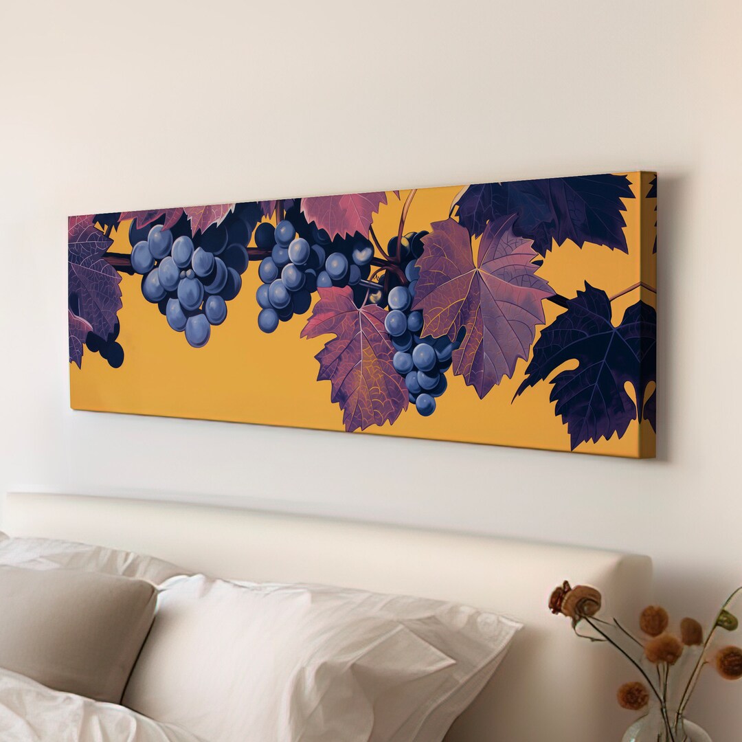 Grape Branch Above Bed Wall Art Minimal, Panoramic Wine Tasting Canvas ...