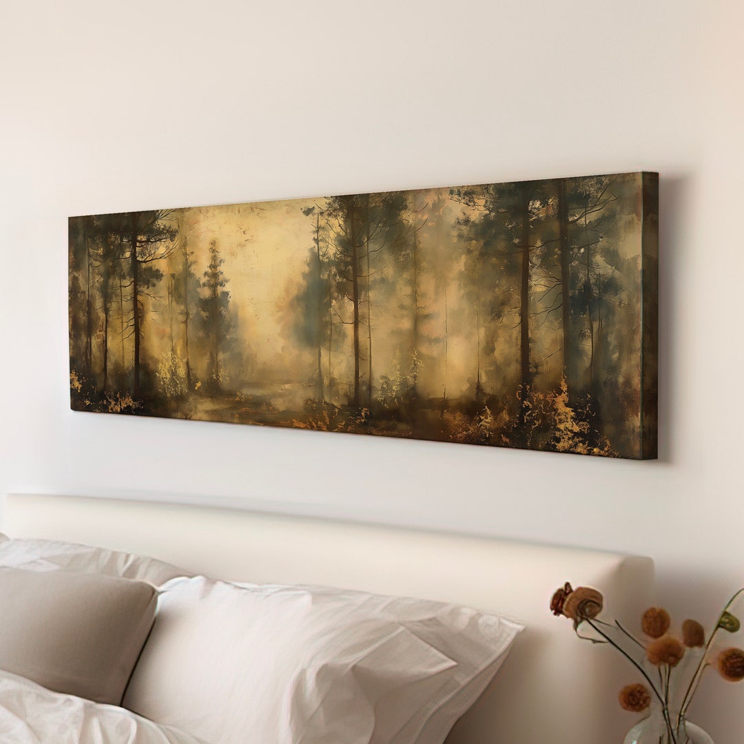 Dense Woods Above Bed Wall Art Minimal, Panoramic Forest Trip Canvas ...