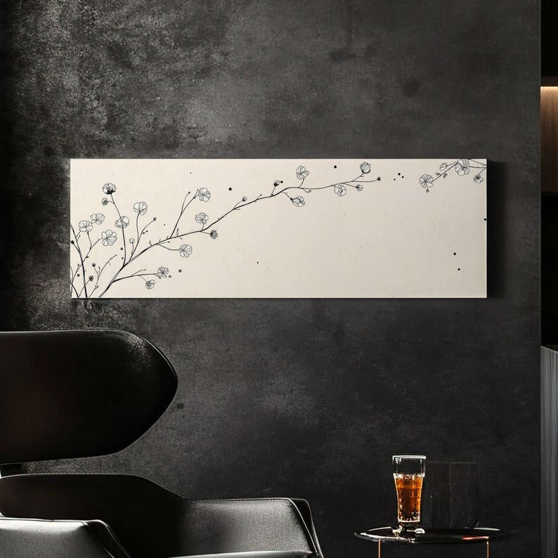 Beige Line Art Branch Above Bed Wall Art Illustration, Panoramic ...