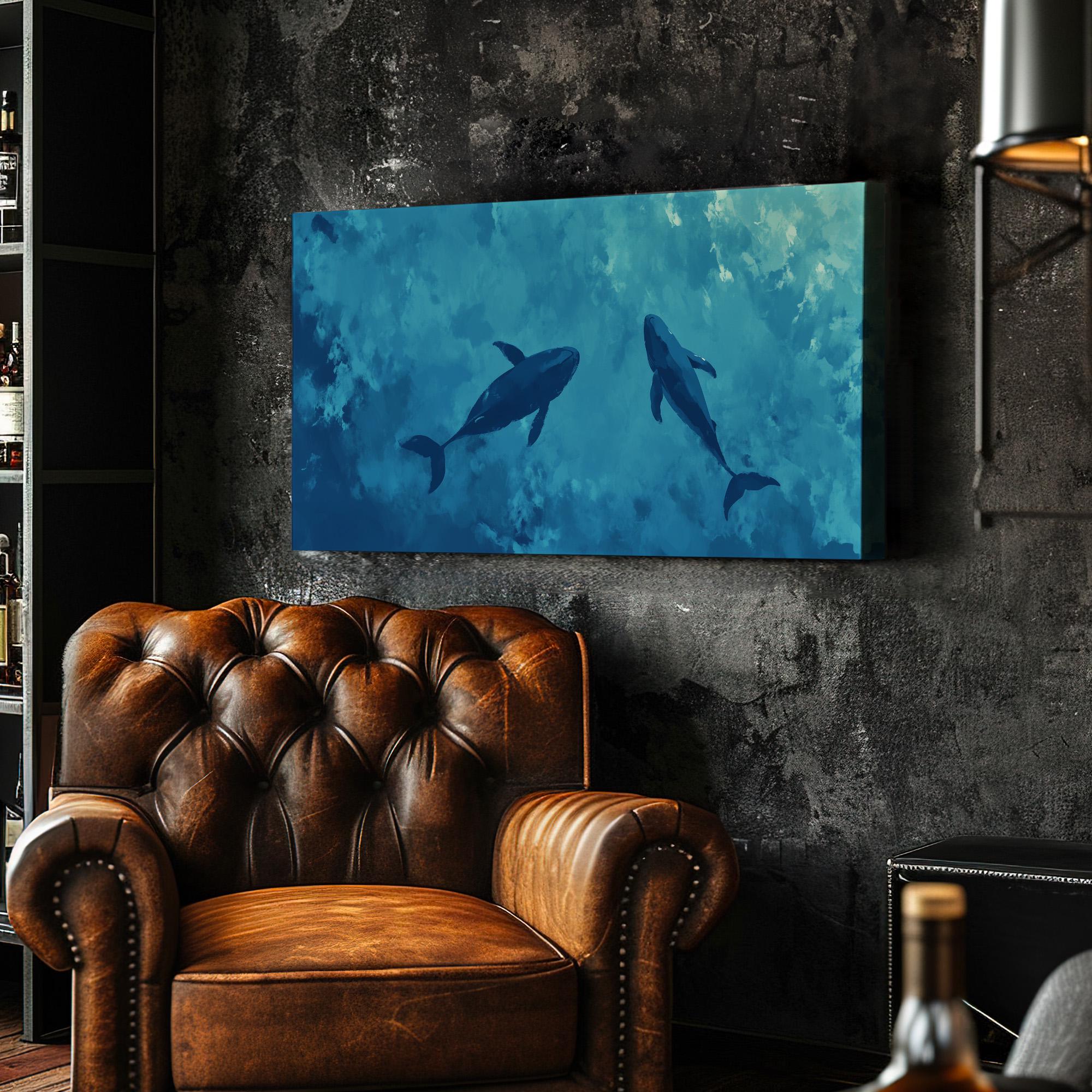 Blue Whale Couple Wall Art for Bedroom, Horizontal Nursery Ocean