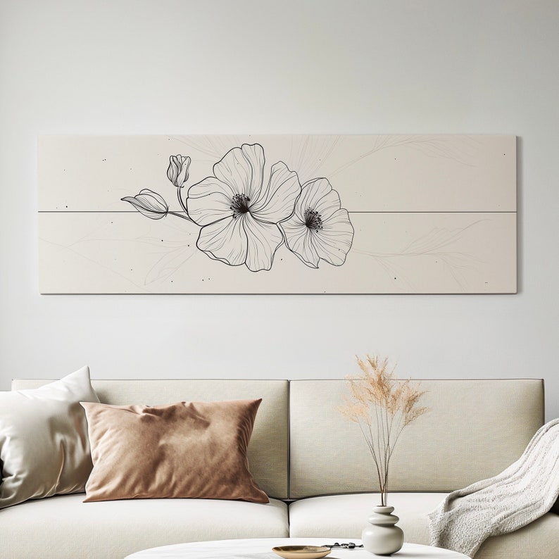 Folral Line Art Above Bed Wall Art Illustration, Panoramic Minimal ...