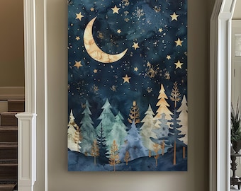Nursery Pine Forest Vertical Wall Art Enchanted Forest, Decor Fantasy Forest Canvas Print, Farmhouse Cabin Big Canvas Art