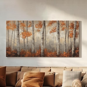 Copper Birch Trees Canvas Wall Art For Living Room, Landscape Cozy Autumn Canvas Print, Rustic Fall Large Canvas Art
