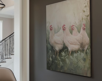 May include: A painting of five white chickens with red combs standing in a field of green foliage.