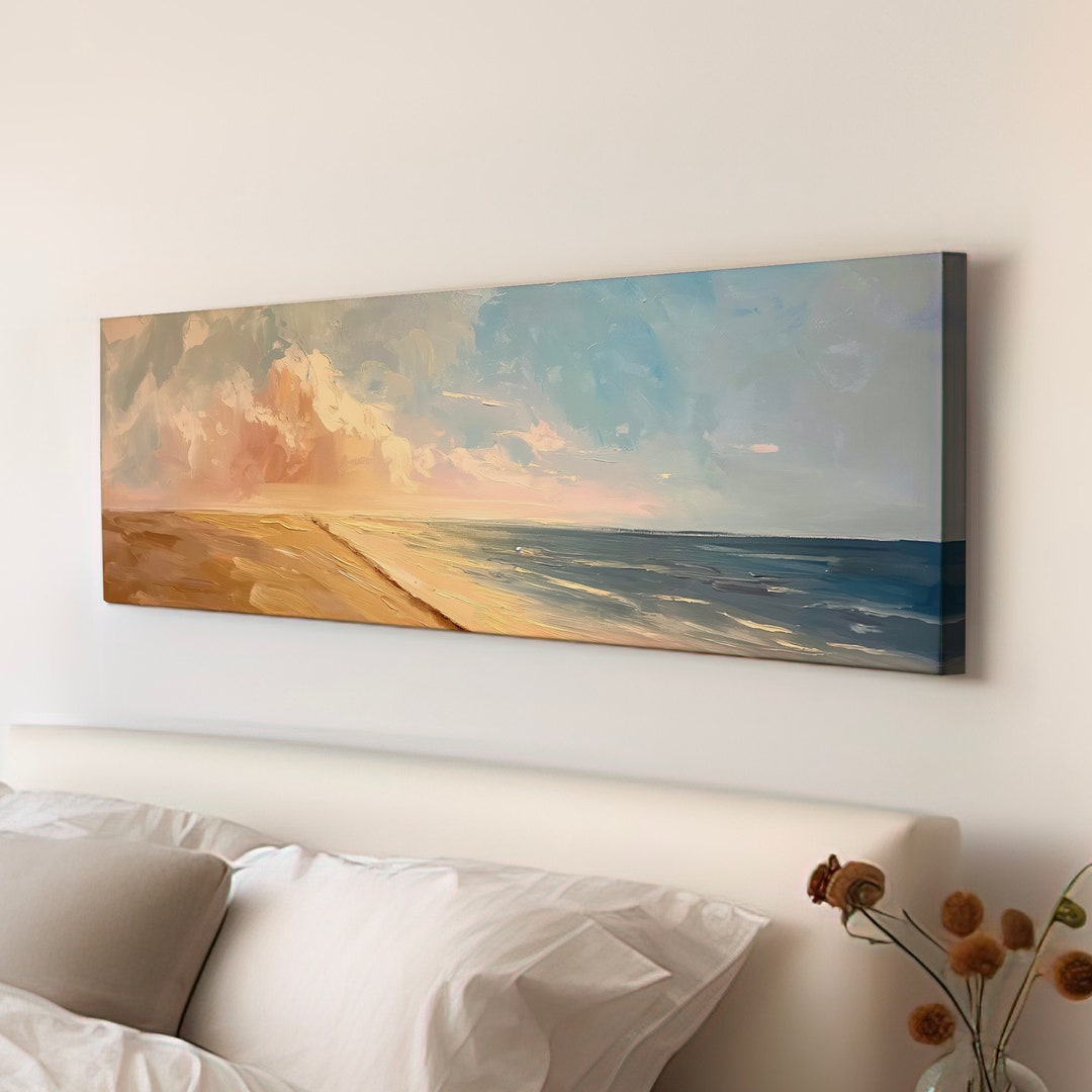 Sunset Over the Ocean Above Bed Wall Art Modern Abstract, Panoramic Oil ...