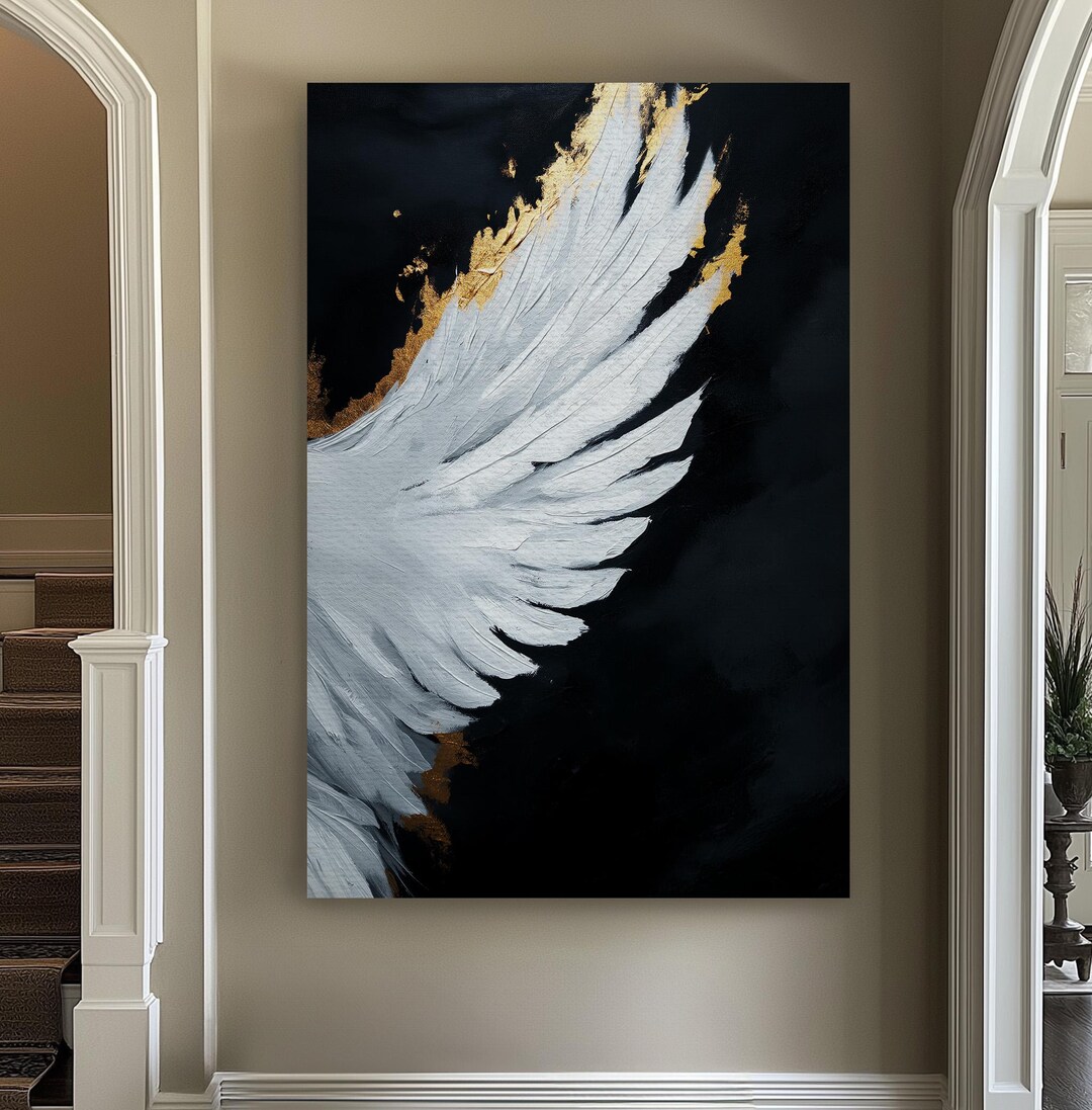 Gold Angel Wing Vertical Wall Art Angelic, Decor Blessed Canvas