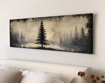 Lone Pine Tree At The Lake Panoramic Wall Art Forest, Panorama Cozy Autumn Canvas Print, Rustic Fall Decor Canvas Art