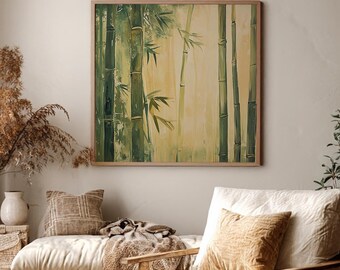 May include: A framed bamboo forest painting in shades of green and yellow. The artwork features tall bamboo stalks with detailed leaves, set against a soft, light yellow background. The painting is displayed in a natural wood frame, adding to its organic aesthetic.