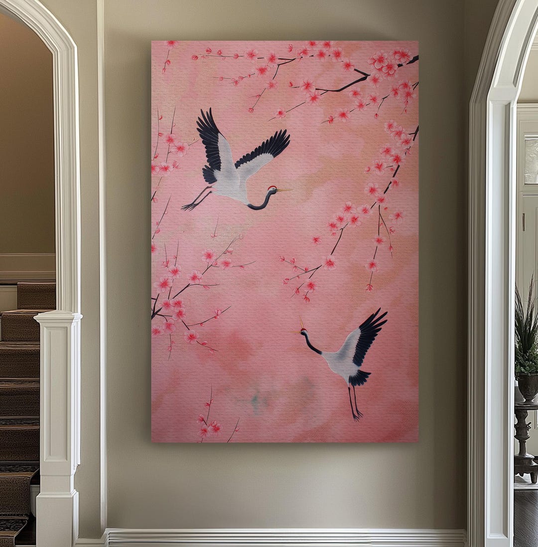 Cherry Blossom With Cranes Vertical Wall Art Sakura Tree, Decor ...