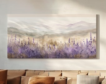 ラベンダーの草原の長い水平壁アート、リビングルーム用、パノラマファームハウスキャンバスプリント、ミニマルな装飾キャンバスアート