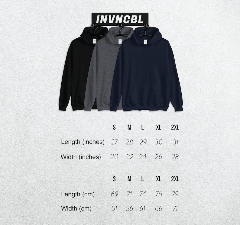 May include: Size chart for a hoodie in black, gray, and navy blue. The chart shows measurements in inches and centimeters for sizes S, M, L, XL, and 2XL.