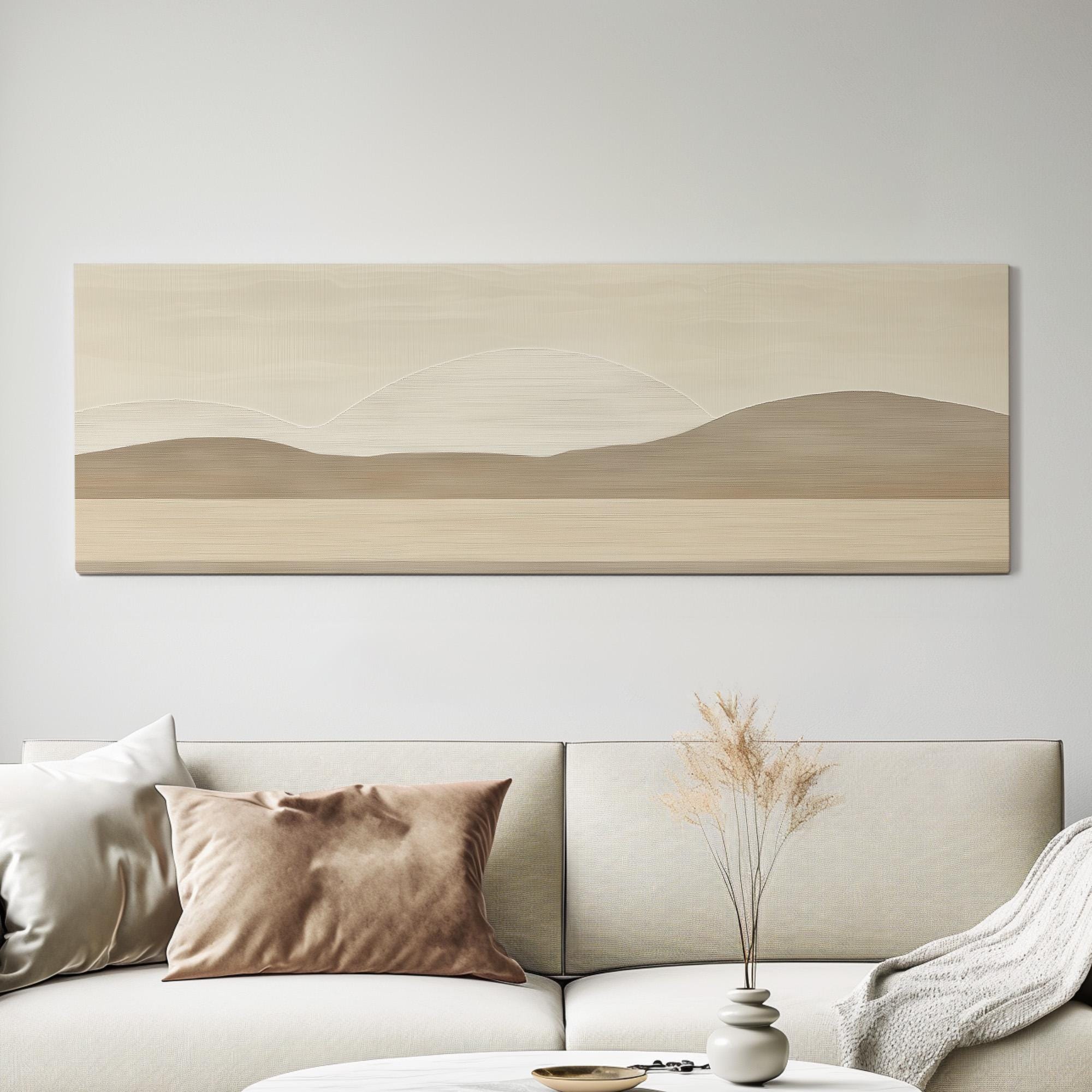 Tan and Cream Abstract Landscape Panoramic Art Above Bed, Canvas
