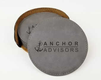 Logo Engraved Coaster Set of 6 with Holder, Best Value Leatherette, Easy to Clean, Custom Corporate Gift, Custom 4" Coaster, with your Logo