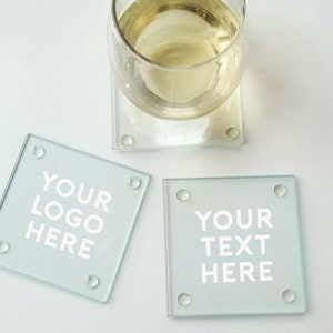 Glass Coasters, Personalized Coaster, Custom Logo Coaster Set, Corporate Gift with Logo, Family Name Coasters, Wedding Drink Coaster Favor image 1