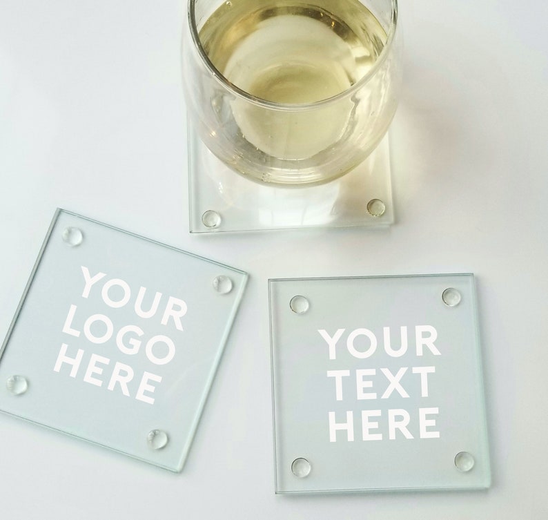 Glass Coasters, Personalized Coaster, Custom Logo Coaster Set, Corporate Gift with Logo, Family Name Coasters, Wedding Drink Coaster Favor image 1