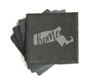 Engraved Slate Coaster, Rustic State Decor, Home State Coasters, Hand Lettered, Set of 4 Stone Drink Coasters, Closing Gift, New Home Gift