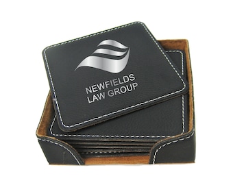 Logo Engraved Coaster Set of 6 with Holder, Best Value Leatherette, Easy to Clean, Custom Corporate Gift, Custom 4" Coaster, with your Logo