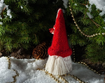 Knit Santa gnome decor: Christmas tree topper, 7 inch. Tiered tray Scandinavian gonk decor