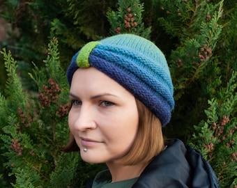 Wool knitted multicolor turban hat: warm winter beanie