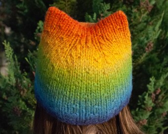 Rainbow cat ears beanie: Knitted wool hat