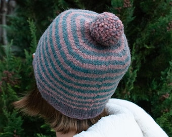 Winter Hat with Pom Pom - Striped Knit Wool Beanie