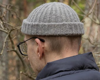 SHORT wool fisherman beanie, Handmade Ribbed docker cap, trawler beanie.