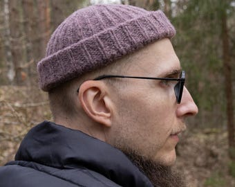 EXTRA SHORT wool fisherman beanie, Handmade Ribbed docker cap, trawler beanie.