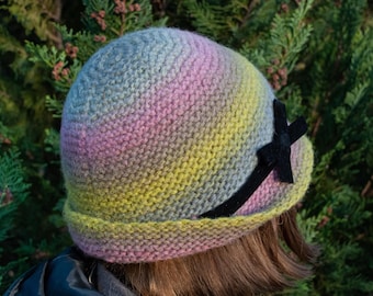 Wool Winter Cloche / Knit Bucket Hat with Velvet Ribbon