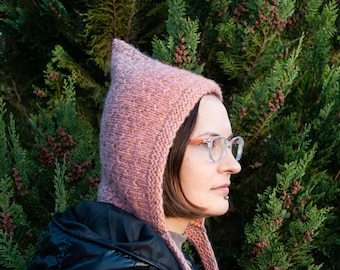 Wool Pixie Hood Hat: Knitted pointed beanie bonnet in Multicolor Wool