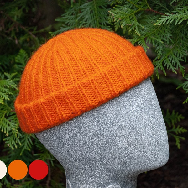 EXTRA SHORT Fisherman ribbed beanie, docker cap, trawler beanie. Fitted brimless wool cap